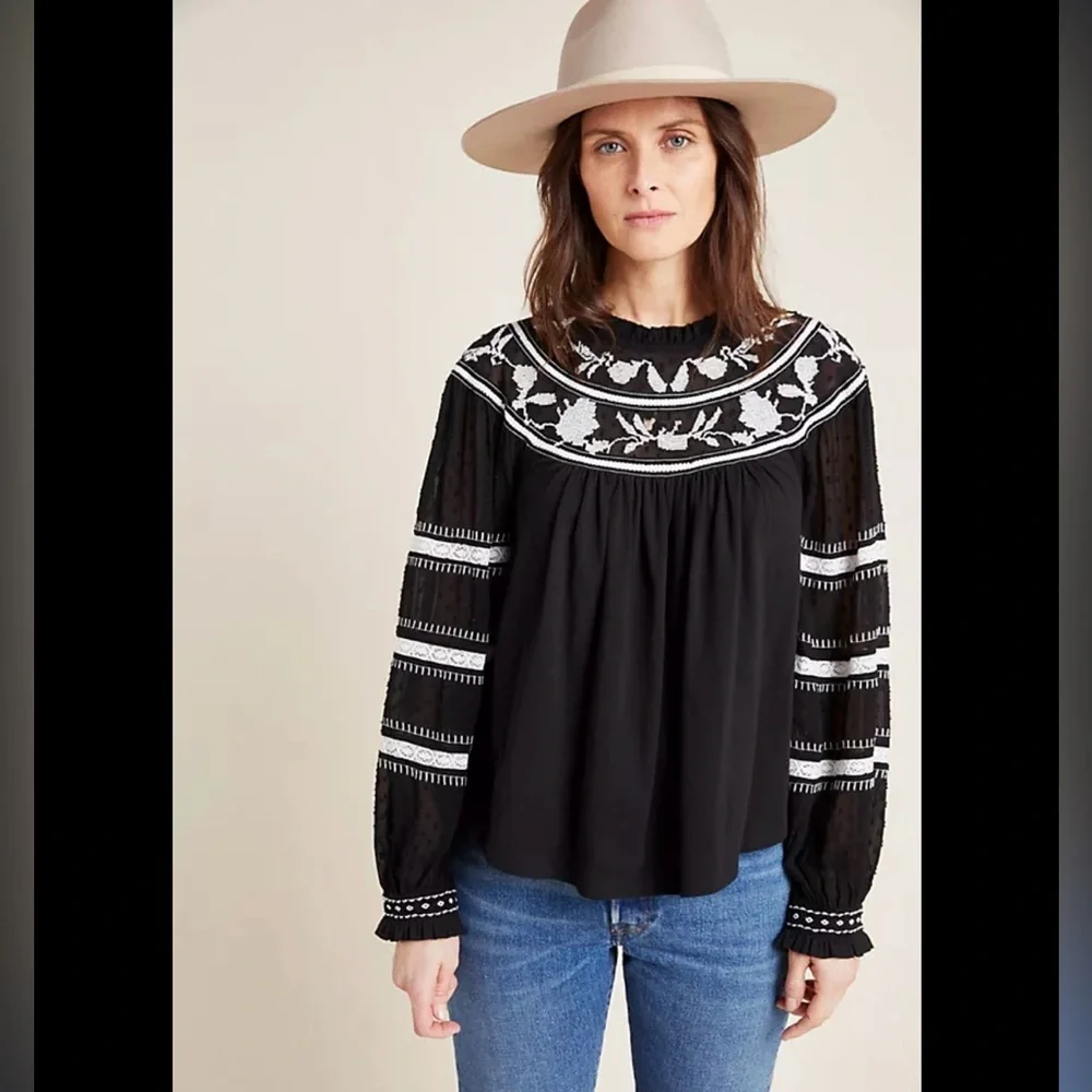 Anthropologie Black and White Embellished Boxy Blouse